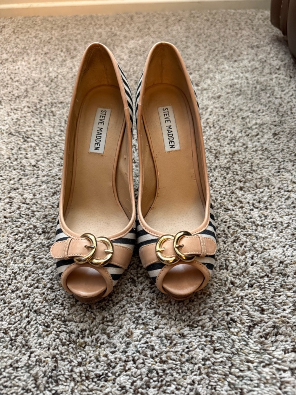 Steve Madden Striped Black & Tan Peep-Toe Heels with Gold Buckles